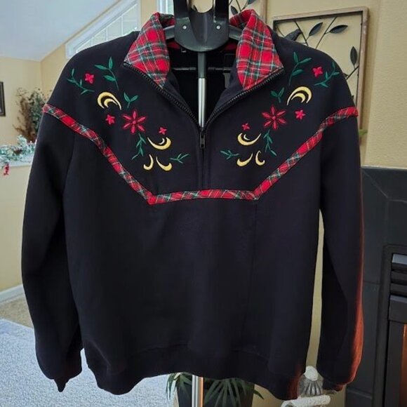NWT Vintage Chinawear by Morsly black / plaid embroidered sweatshirt sz medium - Picture 1 of 3